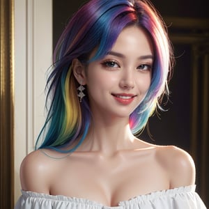 masterpiece, best quality, photorealistic, raw photo, 1girl, long hair, blouse, light smile, detailed skin, pore, off_shoulder, Realism, rainbow hair, rich color