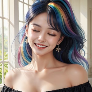 masterpiece, best quality, photorealistic, raw photo, 1girl, long hair, blouse, light smile, face up, closed eyes, detailed skin, pore, off_shoulder, Realism, rainbow hair, rich color