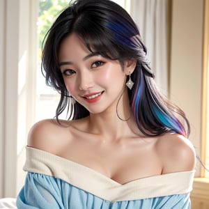 masterpiece, best quality, photorealistic, raw photo, 1girl, long hair, blouse, light smile, detailed skin, pore, off_shoulder, Realism, rainbow hair, rich color