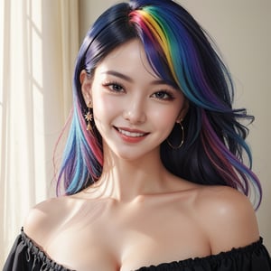 masterpiece, best quality, photorealistic, raw photo, 1girl, long hair, blouse, wide smile, detailed skin, pore, off_shoulder, Realism, rainbow hair, rich color