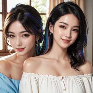 masterpiece, best quality, photorealistic, raw photo, 2 girls, long hair, blouse, light smile, detailed skin, pore, off_shoulder, Realism, rainbow hair, rich color