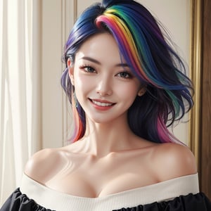 masterpiece, best quality, photorealistic, raw photo, 2 girls, long hair, blouse, light smile, detailed skin, pore, off_shoulder, Realism, rainbow hair, rich color