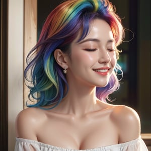 masterpiece, best quality, photorealistic, raw photo, 1girl, long hair, blouse, light smile, face up, closed eyes, detailed skin, pore, off_shoulder, Realism, rainbow hair, rich color