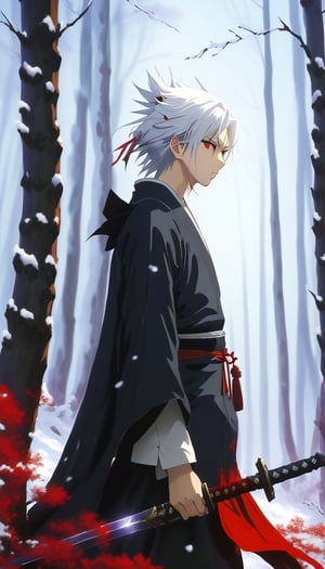 In this dramatic scene, the androgynous figure of Tooka Yatogami stands tall, their 27 years old youthful face framed by a wild tangle of white hair that falls straight down their back. Their heterochromatic eyes gleam with an otherworldly intensity - the red left eye piercing through the snowy forest background like a beacon, while the purple left eye seems to hold a deep wisdom. The boy's gaze is fixed intently on some unseen point as they hold their black sword at the ready, the dark tattered cloak billowing behind them like a dark cloud. Bloodstains adorn their outfit, testament to battles fought and won, as they stride confidently through the snow-covered forest floor, the trees looming like sentinels in the darkness.