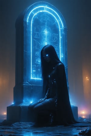 A gothic-inspired female character in dark, flowing robes, with cybernetic details like glowing eyes and tech-enhanced gloves, kneels before an enormous tombstone engraved with symbols of forgotten civilizations. Towering structures of dark metal and stained glass loom around her, casting long, ominous shadows, with flickers of neon lights illuminating the scene in a sci-fi gothic blend.