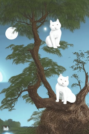 A cute white cat looks happily at the moon in the distance. In the distance is a small bridge, flowing water, and a plum tree.