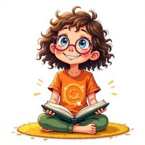 A dynamic anime-style artwork of a young girl, around 5 years old, with a radiant, heartwarming smile. She is sitting on a little yellow carpet, reading an open book in her hands. Her blue eyes are sparkling with joy and curiosity, behind huge reading glasses, and her curly, long, brown hair is styled in a trendy, anime-inspired cut. She's wearing a vibrant, orange, graphic tee that complements the lively scene, and green pants. The lighting is bright and cheerful, with a focus on her expressive face. The composition is engaging, with the girl posed in a thoughtful stance, set against blank white background.