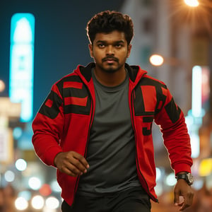 A cinematic close-up captures ghilli vijay running amidst a bustling metropolis, skyscrapers and neon lights. He's dressed in a red and black hoodie, inside grey t-shirt, and dark track pant, exuding confidence as he surveys the urban landscape. The warm glow of streetlights illuminates his determined expression.