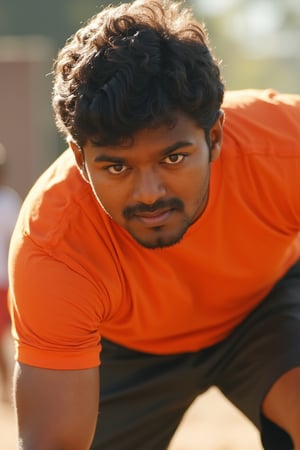 Close-up shot of ghilli vijay determined face, his orange t-shirt glistening with sweat, as he leaps into action on the Kabbadi court. His black shorts a blur as he tackles an opponent, the sun-kissed backdrop emphasizing his athletic build and focused intensity.