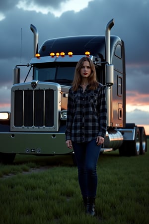 A rugged taySwift stands confidently beside a massive black semi-truck, exuding an air of strength and independence. The scene is set during twilight, with dramatic, low-hanging clouds casting shadows across the landscape. 

The aesthetics are hyperrealistic, capturing every detail of the truck's shiny chrome and the taySwift's flannel shirt, which features shades of gray and black. The environment around her is lush yet slightly darkened, highlighting the contrast between the man and the vehicle. Subtle reflections and glimmers of light accentuate the truck's polished surfaces, while the grass beneath the taySwift's boots is a vivid green, suggesting a recent rain.

The color palette includes deep blacks, steel grays, and hints of earthy greens, evoking a sense of solitude and determination. The atmosphere is charged, with a sense of anticipation lingering in the air, as if the taySwif tis poised to embark on an important journey. The composition emphasizes the size of the truck in relation to the taySwift, underscoring her role as a powerful yet humble figure in the world of long-haul trucking.