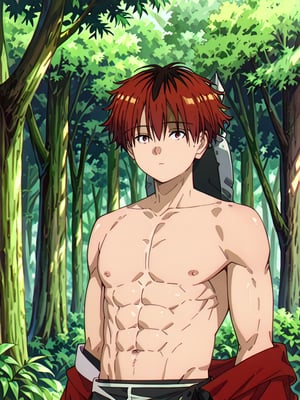 score_9, score_8_up, score_7_up, masterpiece, best quality, 1boy, male_focus, stark_sousou_no_frieren,red hair,red eyes, looking_at_viewer, forest, (shirtless), toned abs, masterpiece, best quality, (perfect proportions), (perfect face, detailed face)