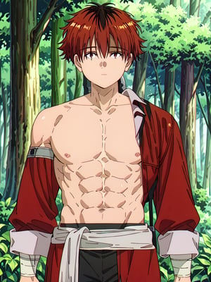 score_9, score_8_up, score_7_up, masterpiece, best quality, 1boy, male_focus, stark_sousou_no_frieren,red hair,red eyes, beautiful eyes, looking_at_viewer, forest, (shirtless), abs, masterpiece, best quality, (perfect proportions), (perfect face, detailed face),