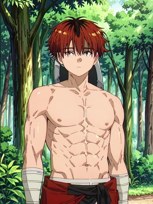 score_9, score_8_up, score_7_up, masterpiece, best quality, 1boy, male_focus, stark_sousou_no_frieren,red hair,red eyes, beautiful eyes, looking_at_viewer, forest, (shirtless), toned abs, masterpiece, best quality, (perfect proportions), (perfect face, detailed face),