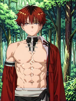 score_9, score_8_up, score_7_up, masterpiece, best quality, 1boy, male_focus, stark_sousou_no_frieren,red hair,red eyes, beautiful eyes, looking_at_viewer, forest, (shirtless), toned abs, masterpiece, best quality, (perfect proportions), (perfect face, detailed face),