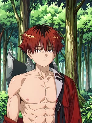 score_9, score_8_up, score_7_up, masterpiece, best quality, 1boy, male_focus, stark_sousou_no_frieren,red hair,red eyes, looking_at_viewer, forest, black pants, (shirtless), toned abs, masterpiece, best quality, (perfect proportions), (perfect face, detailed face), full body