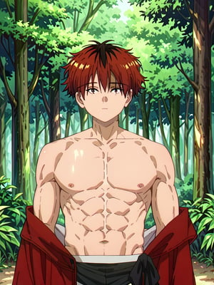 score_9, score_8_up, score_7_up, masterpiece, best quality, 1boy, male_focus, stark_sousou_no_frieren,red hair,red eyes, beautiful eyes, looking_at_viewer, forest, (shirtless), toned abs, masterpiece, best quality, (perfect proportions), (perfect face, detailed face),