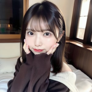 (masterpiece, best quality:1.1), beautiful 22-year-old Japanese influencer with long dark brown hair, wearing an oversized cozy sweater, sitting comfortably on a soft sofa in her bedroom at night, dim warm lighting from a nearby lamp, legs tucked up, holding a cup of tea, relaxed and content expression, moonlight softly shining through the window, night sky visible outside, soft shadows, detailed facial features, smooth and realistic skin texture, cozy and peaceful atmosphere, minimal background with books and a blanket on the sofa, dark and calming ambiance