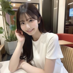 (masterpiece, best quality:1.1), highly detailed, realistic skin texture, smooth and natural lighting, beautiful 22-year-old Japanese influencer, long dark brown hair, wearing a stylish casual outfit, sitting at a café terrace table, holding a coffee cup, smiling with a relaxed and content expression, soft sunlight reflecting on the table, cozy and welcoming atmosphere, detailed background with café decor, full body shot, natural shadows