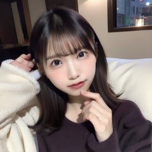 (masterpiece, best quality:1.1), beautiful 22-year-old Japanese influencer with long dark brown hair, wearing an oversized cozy sweater, sitting comfortably on a soft sofa in her bedroom at night, dim warm lighting from a nearby lamp, legs tucked up, holding a cup of tea, relaxed and content expression, moonlight softly shining through the window, night sky visible outside, soft shadows, detailed facial features, smooth and realistic skin texture, cozy and peaceful atmosphere, minimal background with books and a blanket on the sofa, dark and calming ambiance