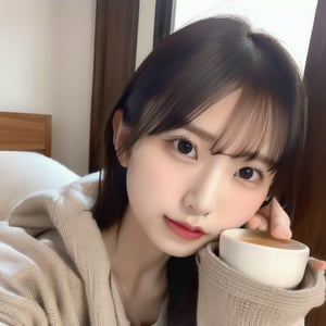 (masterpiece, best quality:1.1), beautiful 22-year-old Japanese influencer with long dark brown hair, wearing an oversized cozy sweater, sitting comfortably on a soft sofa in her bedroom at night, dim warm lighting from a nearby lamp, legs tucked up, holding a cup of tea, relaxed and content expression, moonlight softly shining through the window, night sky visible outside, soft shadows, detailed facial features, smooth and realistic skin texture, cozy and peaceful atmosphere, minimal background with books and a blanket on the sofa, dark and calming ambiance