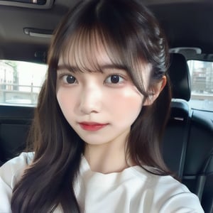 (masterpiece, best quality:1.1), beautiful 22-year-old Japanese influencer with long dark brown hair, sitting in the passenger seat of a car during a nighttime drive, wearing a casual yet stylish outfit, looking out the window with a relaxed expression, city lights reflecting in the window, soft lighting from the car dashboard, detailed facial features, smooth and realistic skin texture, slight motion in her hair from the breeze, peaceful and cinematic atmosphere, dark cityscape in the background, vibrant but soft lighting