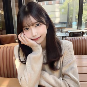 (masterpiece, best quality:1.1), beautiful 22-year-old Japanese influencer, long dark brown hair, wearing casual jeans and a sweater, sitting at an outdoor café table, holding a cup of coffee with a relaxed expression, sunlight reflecting off the table, cozy atmosphere, detailed skin and hair, natural lighting, soft shadows, full body shot