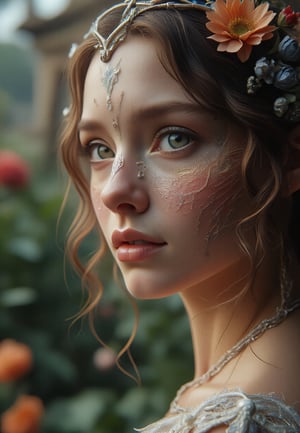 A stunning photorealistic portrait of a breathtakingly beautiful girl gazes directly into the camera's lens from a tight, close-up shot. Her porcelain doll-like complexion and luscious locks are set against a lush backdrop of ancient flowers in full bloom within a serene garden, as if transported straight from a mythical realm.