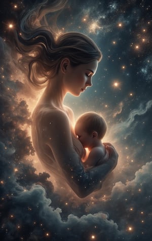 In a celestial expanse, silvery droplets suspended like tiny suns, radiate an otherworldly light. Amidst this heavenly backdrop, a serene mother cradles her infant against her chest, the tender moment captured in shimmering stillness. The soft curves of their faces blend with the luminous haze, creating a breathtaking tableau of maternal devotion and cosmic beauty.