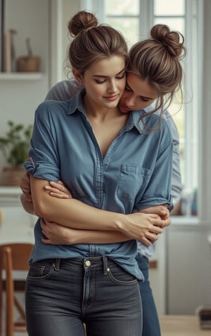 a woman in blue shirt & dark blue jeans with a boy 19 years old(he is muscular & taller than her) , falls into her lap & she is carecassing her