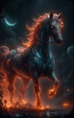 horse made up of fire crystals in outer space, magnificent, neon, glow, hyperrealistic, HD, super detailed, cinematic, spot lightning, mysterious