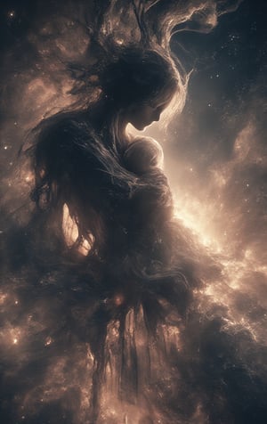 In a celestial expanse, silvery droplets suspended like tiny suns, radiate an otherworldly light. Amidst this heavenly backdrop, a serene mother cradles her infant against her chest, the tender moment captured in shimmering stillness. The soft curves of their faces blend with the luminous haze, creating a breathtaking tableau of maternal devotion and cosmic beauty.