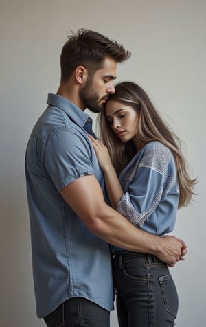 a woman(27 years old ) in blue shirt & dark blue jeans with a boy 22 years old(he is muscular & taller than her) , falls into her lap & she is carecassing her