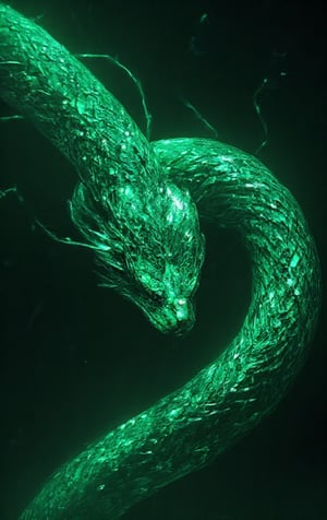 a large snake in cosmos made up of green emerald shards , gigantic, wonderful , cinematic, HD, mood lightning, hyper realisti, smooth, deadly ,