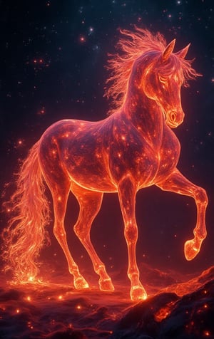 horse made up of fire crystals in outer space, magnificent, neon, glow, hyperrealistic, HD, super detailed, cinematic, spot lightning, mysterious