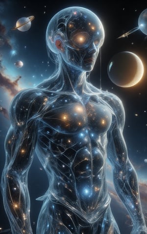 a muscular boy of age 19 , 6 ft tall is being portrayed made up of blue liquid shinnerier than anything else with a yellowish touch, he looks magnificent, alluring, HD, hyperresolution,bioluminescent, cinematic, spotlights,gglittering, this boy is shown in outer space with no other celestial bodies