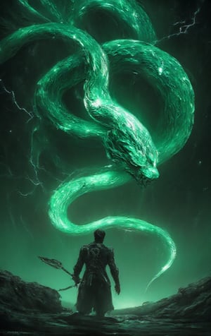 a large snake in cosmos made up of green emerald shards bowing infront of a man(muscular , holding a spear), gigantic, wonderful , cinematic, HD, mood lightning, hyper realisti, smooth, deadly ,