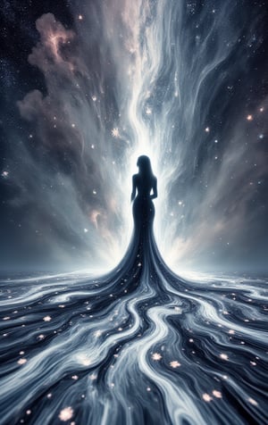 an ocean of silver petals rains down in outer space, there are no other objects other than the stream of silver petals, the stream looks even more beautiful as it takes a form of a magnificent woman in outer space