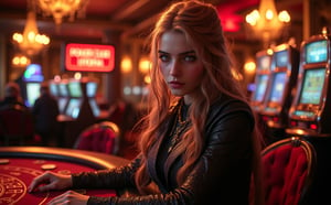 Beautiful skinny Russian viking girl 22 years old, looking at the camera, casino, gaming tables, slot machines, rich decoration, chandeliers, neon sign POKER CLUB UTOPIA