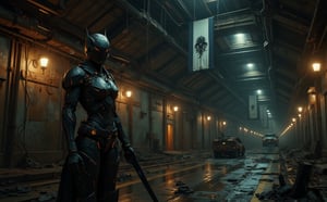 Large open space, twilight, underground city, beautiful Russian girl 22 years old, looking at the camera, dressed in cyberpunk clothes, scene in the style of "Metro 2033", behind a combat robot, holding a cyberpunk sword in his hands, in the background on the walls flags with the image of a rat, lamps shine with a weak light, on the ceiling there are logs, cable channels, scraps of wires, drops of water are falling, in the distance in the tunnel you can see an old subway car, next to it lies old equipment, half covered with dust