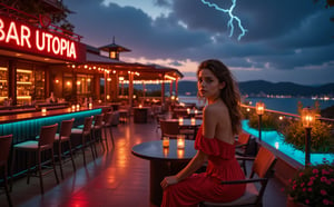 Beautiful skinny Russian viking girl 22 years old, looking at the camera, evening dress, evening, terrace of a beautiful hotel, tables, chairs, beautiful lamps, flower beds with flowers and grass, aquariums with fish, bar, neon sign BAR UTOPIA, soft chairs, the sun is setting, clouds, a thunderstorm is beginning