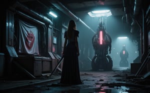 Large open space, twilight, smoke, neon lighting, underground matrix city, beautiful Russian girl 22 years old, looking at the camera, dressed in cyberpunk clothes, scene in the style of "Matrix", behind a combat robot, holding a cyberpunk sword in his hands, in the background on the walls flags with the image of a claw, lamps shine with a weak light, on the ceiling there are logs, cable channels, scraps of wires, drops of water are falling, in the distance in the tunnel you can see an old drilling rig, next to it lies old equipment, half covered with dust