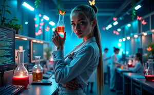 Beautiful skinny Russian viking girl 22 years old, looking at the camera, Magic Tight Lab Clothes, butterfly factory, laboratory flasks, transparent tubes with glowing liquid, butterflies flying, beautiful flowers, vines, high ceilings, neon lights, blue flags, tables with computers, monitors with code