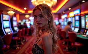 Beautiful skinny Russian viking girl 22 years old, looking at the camera, casino, gaming tables, slot machines, rich decoration, chandeliers, neon sign POKER CLUB UTOPIA