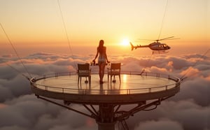 A large helipad, hanging above the clouds, morning, the sun rises above the horizon, in the middle of the platform there is a table, Beautiful skinny Russian girl 22 years old, looking at the camera, dressed in a shiny tight dress, on the table there is breakfast for 2 persons, the helicopter flies up to the platform