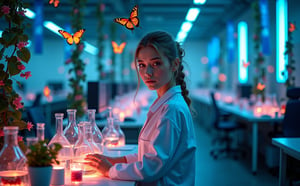 Beautiful skinny Russian viking girl 22 years old, looking at the camera, tight lab clothes, butterfly factory, laboratory flasks, transparent tubes with glowing liquid, butterflies flying, beautiful flowers, vines, high ceilings, neon lights, blue flags, tables with computers, monitors with code