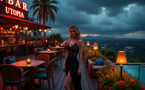 Beautiful skinny Russian viking girl 22 years old, looking at the camera, evening dress, evening, terrace of a beautiful hotel, tables, chairs, beautiful lamps, flower beds with flowers and grass, aquariums with fish, bar, neon sign BAR UTOPIA, soft chairs, the sun is setting, clouds, a thunderstorm is beginning