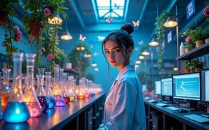 Beautiful skinny Russian viking girl 22 years old, looking at the camera, lab clothes, butterfly factory, laboratory flasks, transparent tubes with glowing liquid, butterflies flying, beautiful flowers, vines, high ceilings, neon lights, blue flags, tables with computers, monitors with code