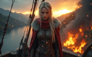 Beautiful skinny Russian viking girl 22 years old, looking at the camera, wear warm viking clothes with a sable collar, behind his back is a sword in a sheath, in his hands is a battle axe, standing on the deck of a drakkar, sails fluttering, a river, mountains on one side, a burning village on the other, sparks flying, sunset, the sun is setting, clouds in the sky, a storm is beginning, shields on the sides of a drakkar