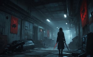 Large open space, twilight, neon lighting, underground city, beautiful Russian girl 22 years old, looking at the camera, dressed in cyberpunk clothes, scene in the style of "Metro 2033", behind a combat robot, holding a cyberpunk sword in his hands, in the background on the walls flags with the image of a rat, lamps shine with a weak light, on the ceiling there are logs, cable channels, scraps of wires, drops of water are falling, in the distance in the tunnel you can see an old subway car, next to it lies old equipment, half covered with dust