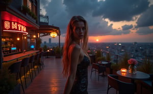 Beautiful skinny Russian viking girl 22 years old, looking at the camera, evening dress, evening, terrace of a beautiful hotel, tables, chairs, beautiful lamps, flower beds with flowers and grass, aquariums with fish, bar, neon sign BAR UTOPIA, soft chairs, the sun is setting, clouds, a thunderstorm is beginning